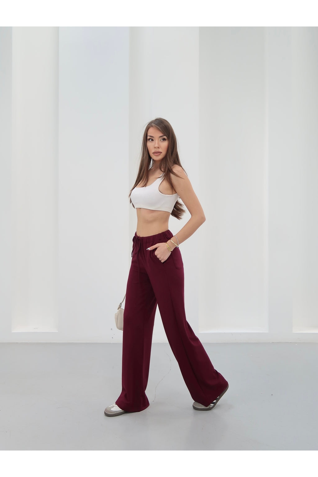 PWGY243 - Kadın Amy Modal Kumaş Arka Çift Cepli Bol Paça Pantolon - Bordo