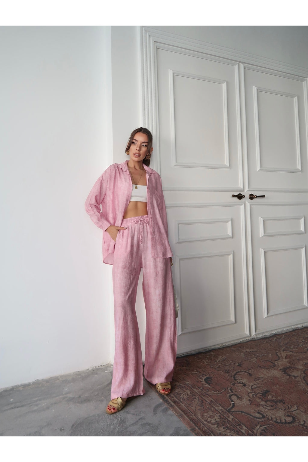 PWG0907251834 - Kadın Raven Dokuma Gömlek - Pantolon Yazlık Takım - Pembe