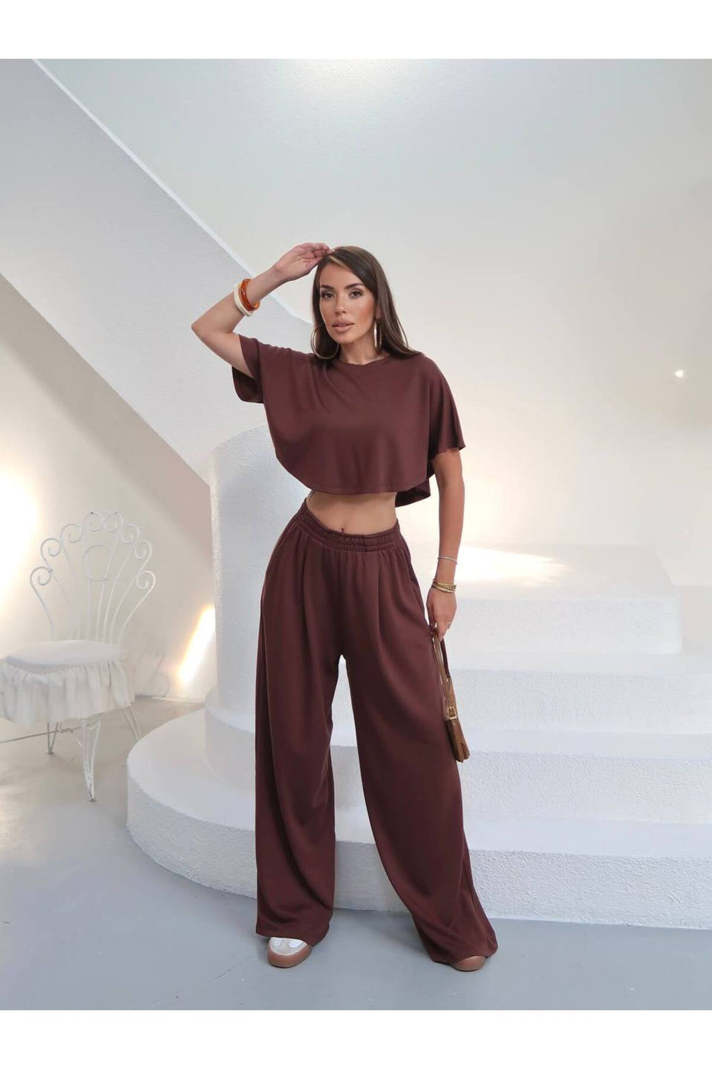 PWGY270 - Kadın Elina Pelerin Bluz Palazzo Pantolon Takım - Yazlık Modal Kumaş - Kahverengi
