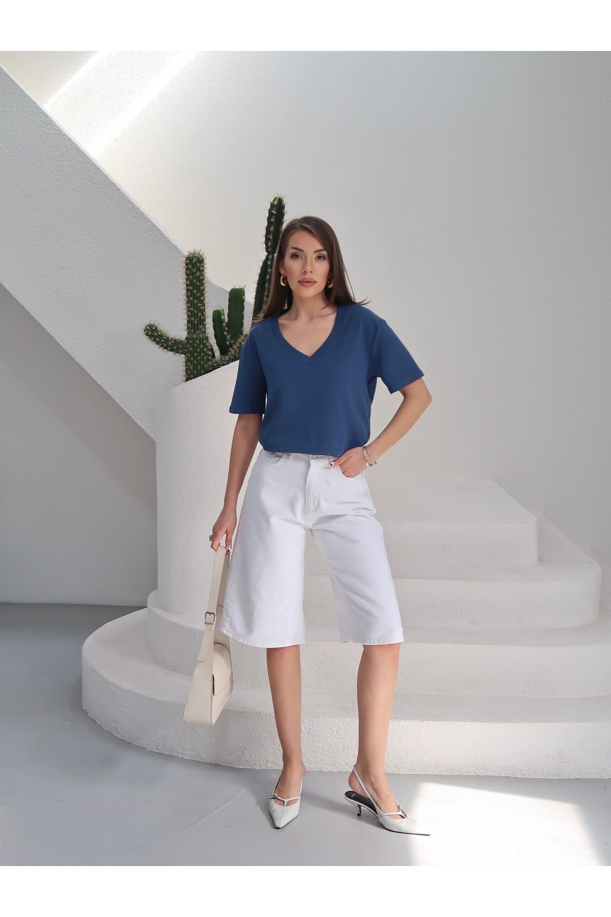 PWGY285 - Kadın Massi İnterlok Kumaş V Yaka Oversize T-Shirt - Mavi