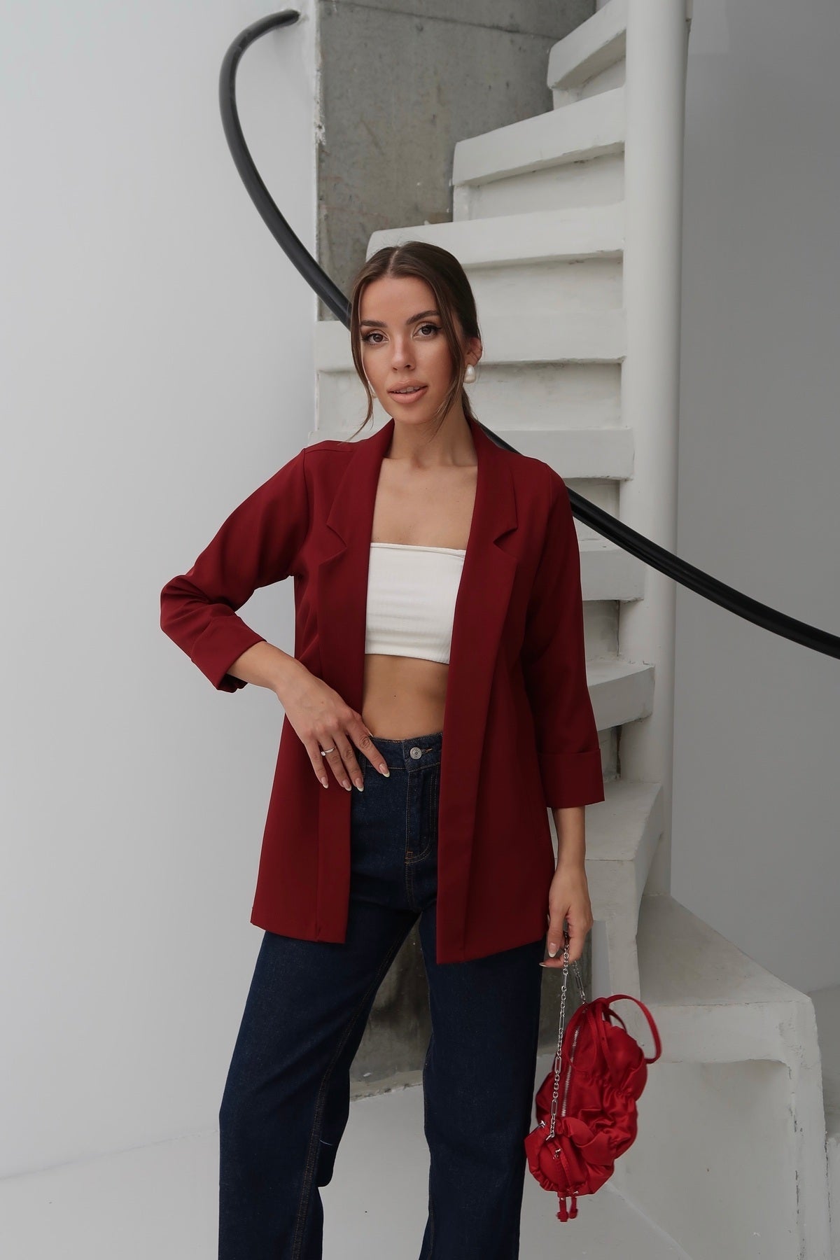PWG0206251846 - Kadın Atlas Kumaş Astarsız Blazer Ceket, Premium Kalite - Bordo