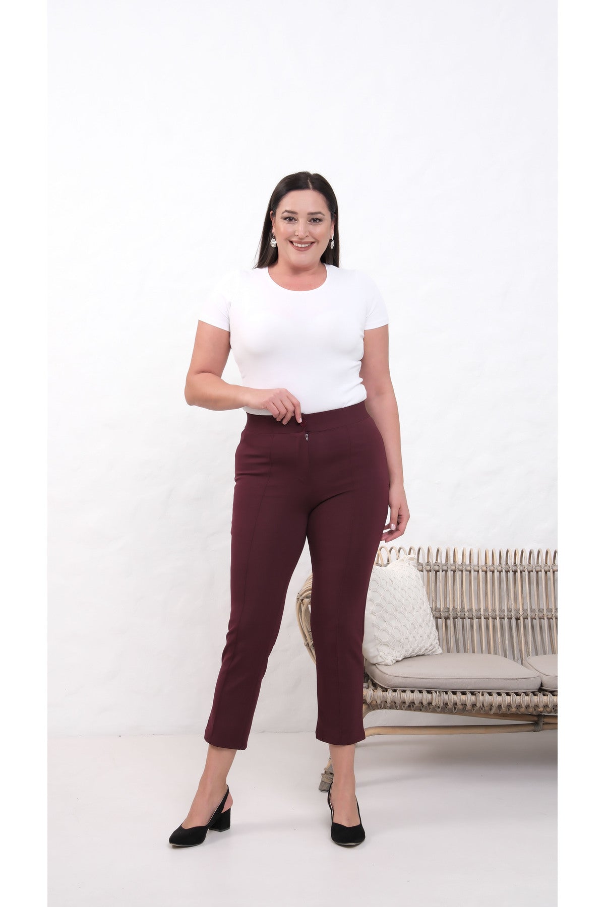 PWG909241317 - Likralı Bordo Büyük Beden Dar Paça Pantolon, 4 Mevsim, Vücudu Toplayan Pantolon