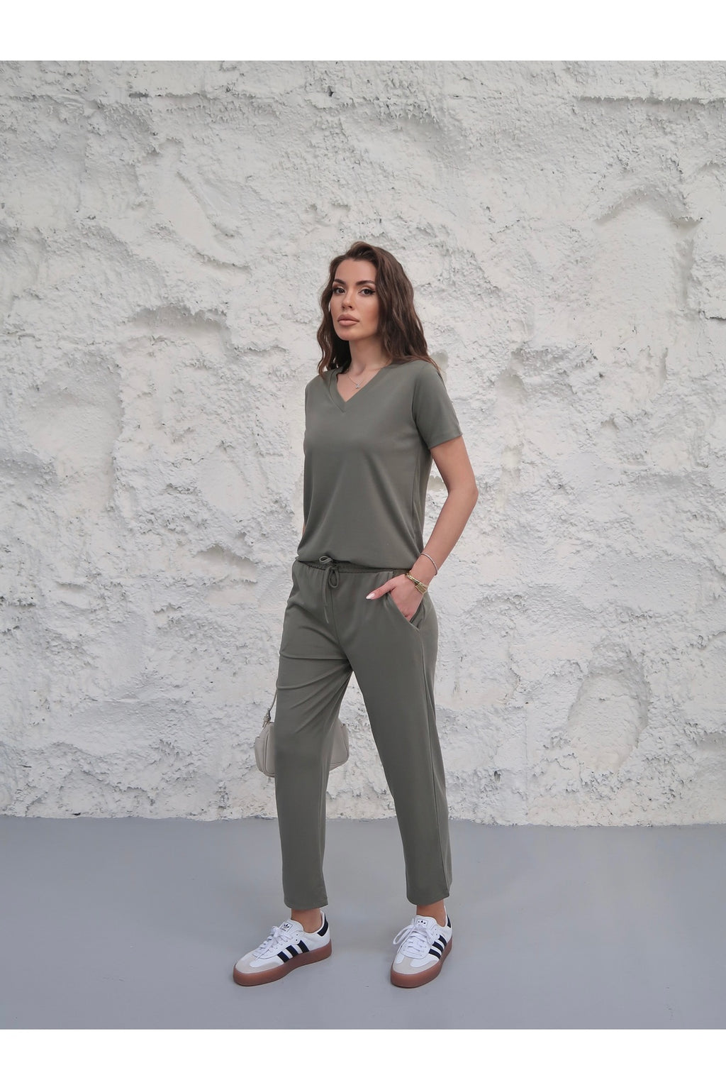 PWGY268 - Kadın Avessa Modal Pike Kumaş V Yaka T-Shirt Pantolon Takım - Haki