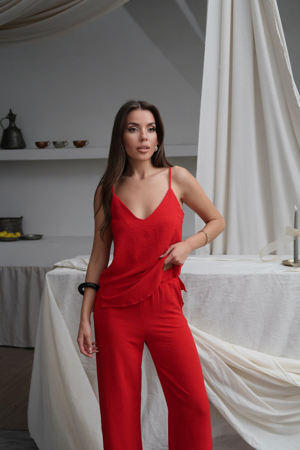 PWG2102250032 - Kadın Shay Kırmızı Ayrobin Ip Askılı Bluz Bol Paça Pantolon Takım, Yaz Yeni Sezon