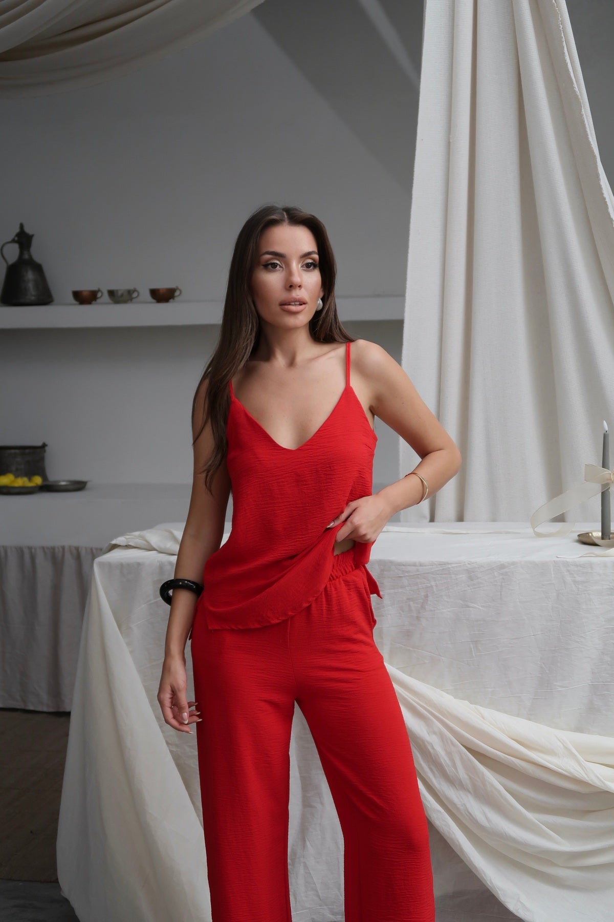 PWG2102250032 - Kadın Shay Kırmızı Ayrobin Ip Askılı Bluz Bol Paça Pantolon Takım, Yaz Yeni Sezon