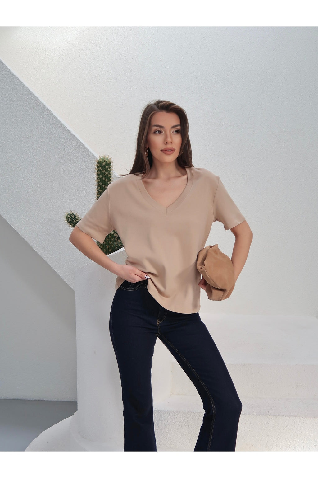 PWGY285 - Kadın Massi İnterlok Kumaş V Yaka Oversize T-Shirt - Bej