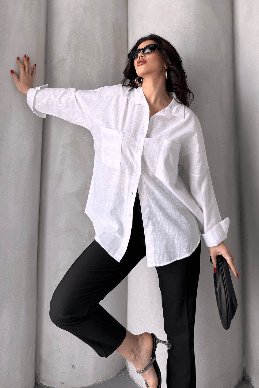 PWG1504250420 - Kadın Harper Çift Cepli Oversize Keten Gömlek, 2025 Summer Collection - Beyaz