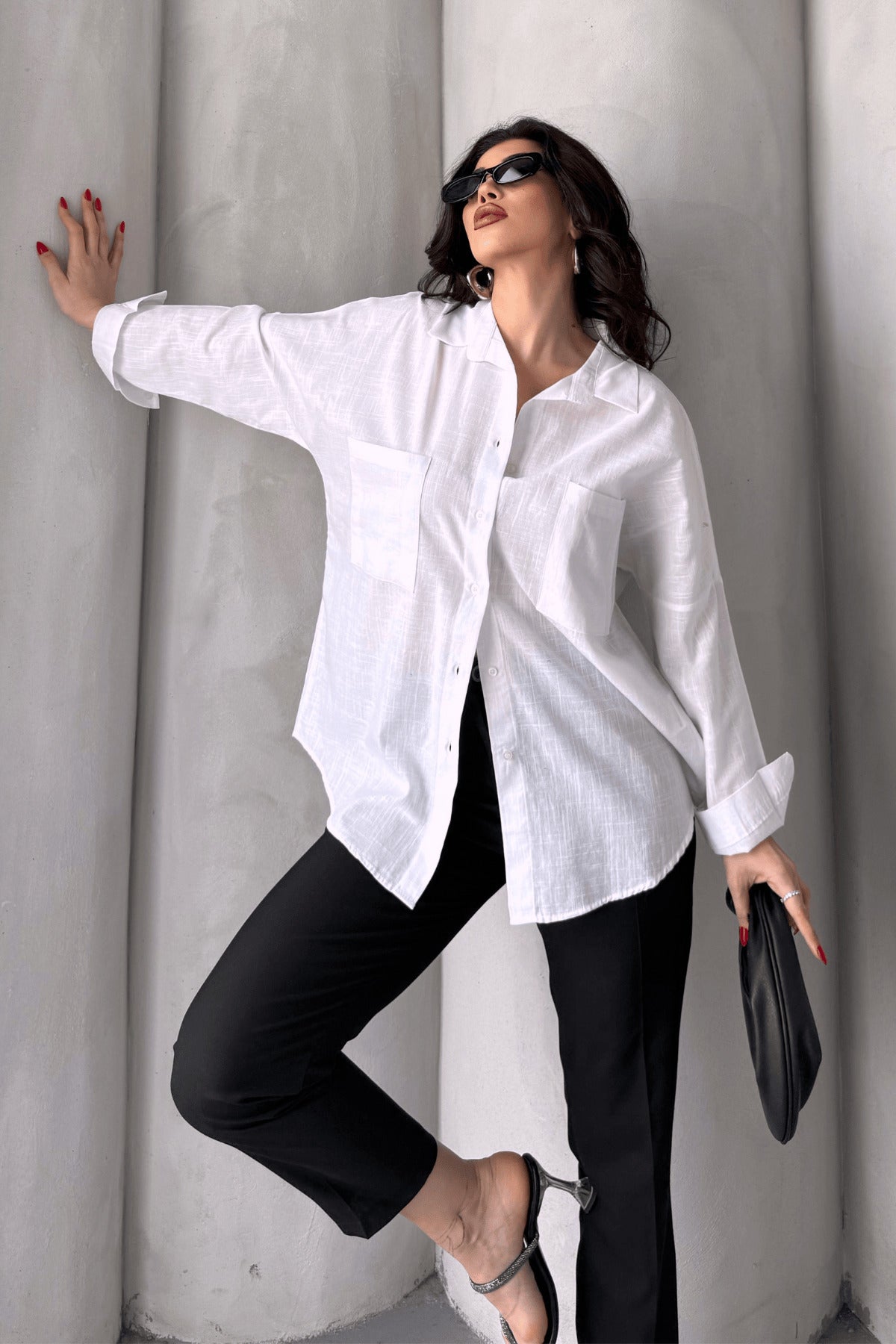 PWG1504250420 - Kadın Harper Çift Cepli Oversize Keten Gömlek, 2025 Summer Collection - Beyaz