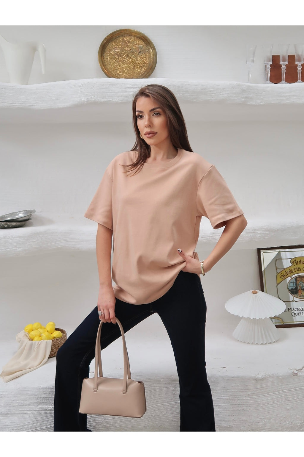 PWGY298 - Kadın Mia İnterlok Kumaş Bisiklet Yaka Oversize T-Shirt - Somon