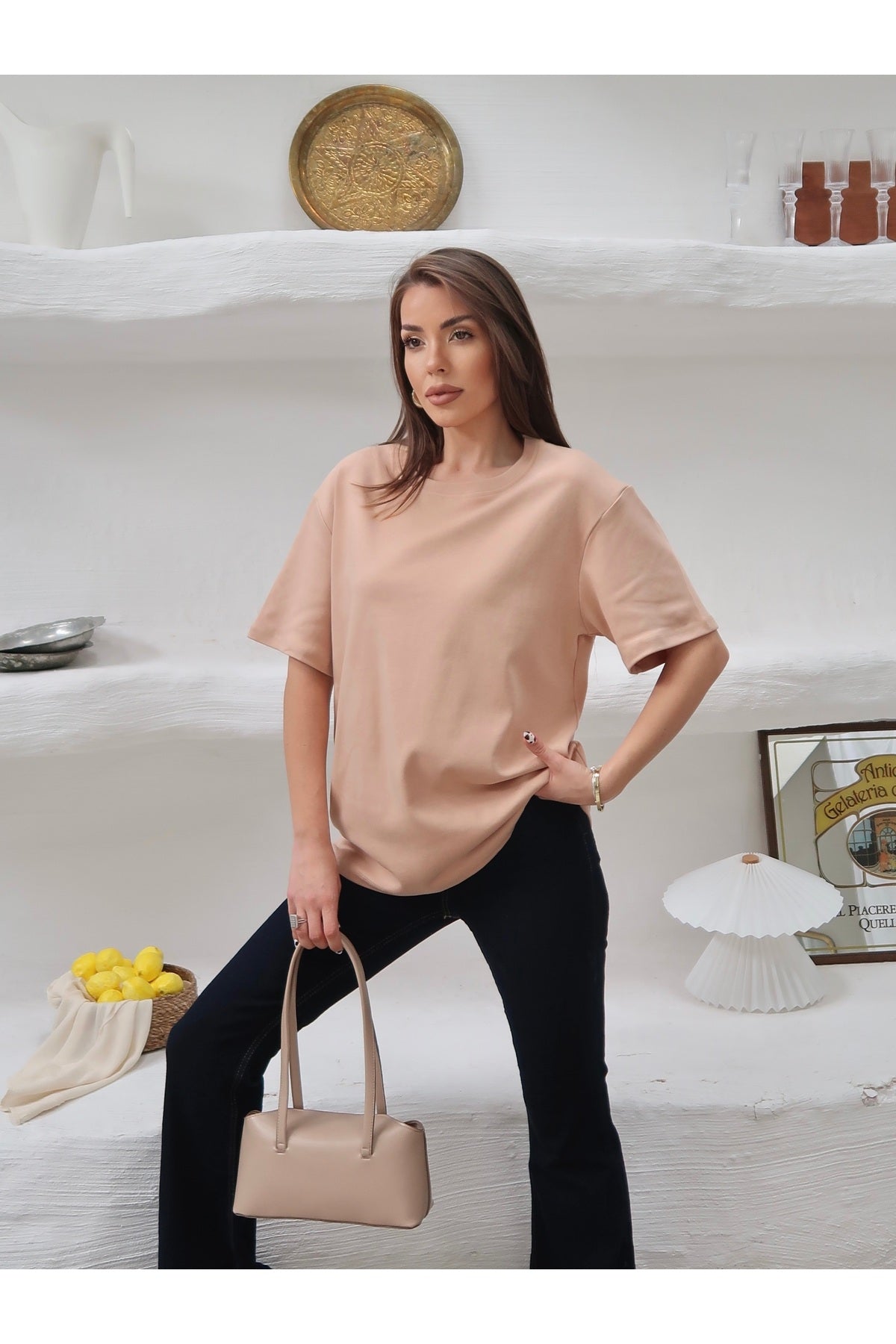 PWGY298 - Kadın Mia İnterlok Kumaş Bisiklet Yaka Oversize T-Shirt - Somon