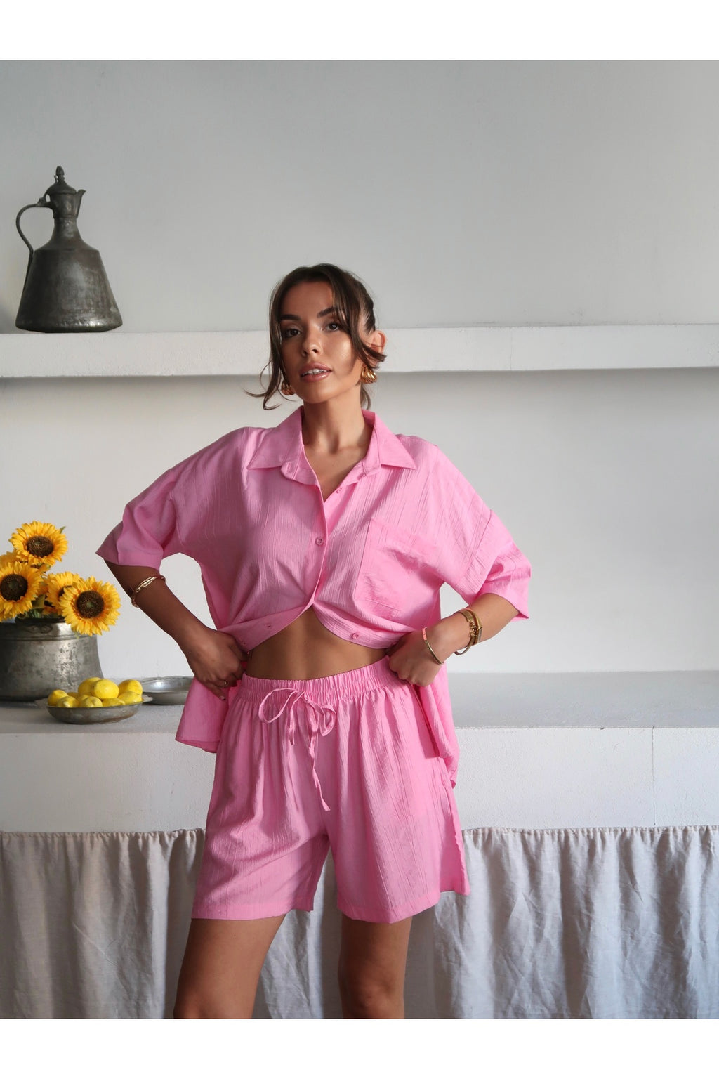 PWGY115 - Kadın Casual Çilek Dokuma Kumaş Şortlu Gömlek Kombini - Pembe