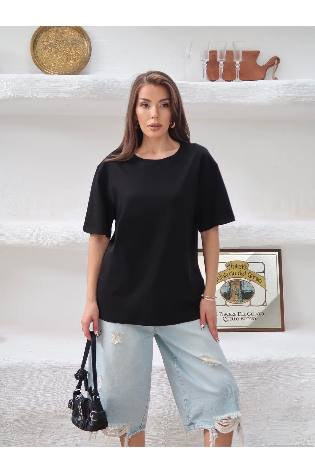 PWGY298 - Kadın Mia İnterlok Kumaş Bisiklet Yaka Oversize T-Shirt - Siyah