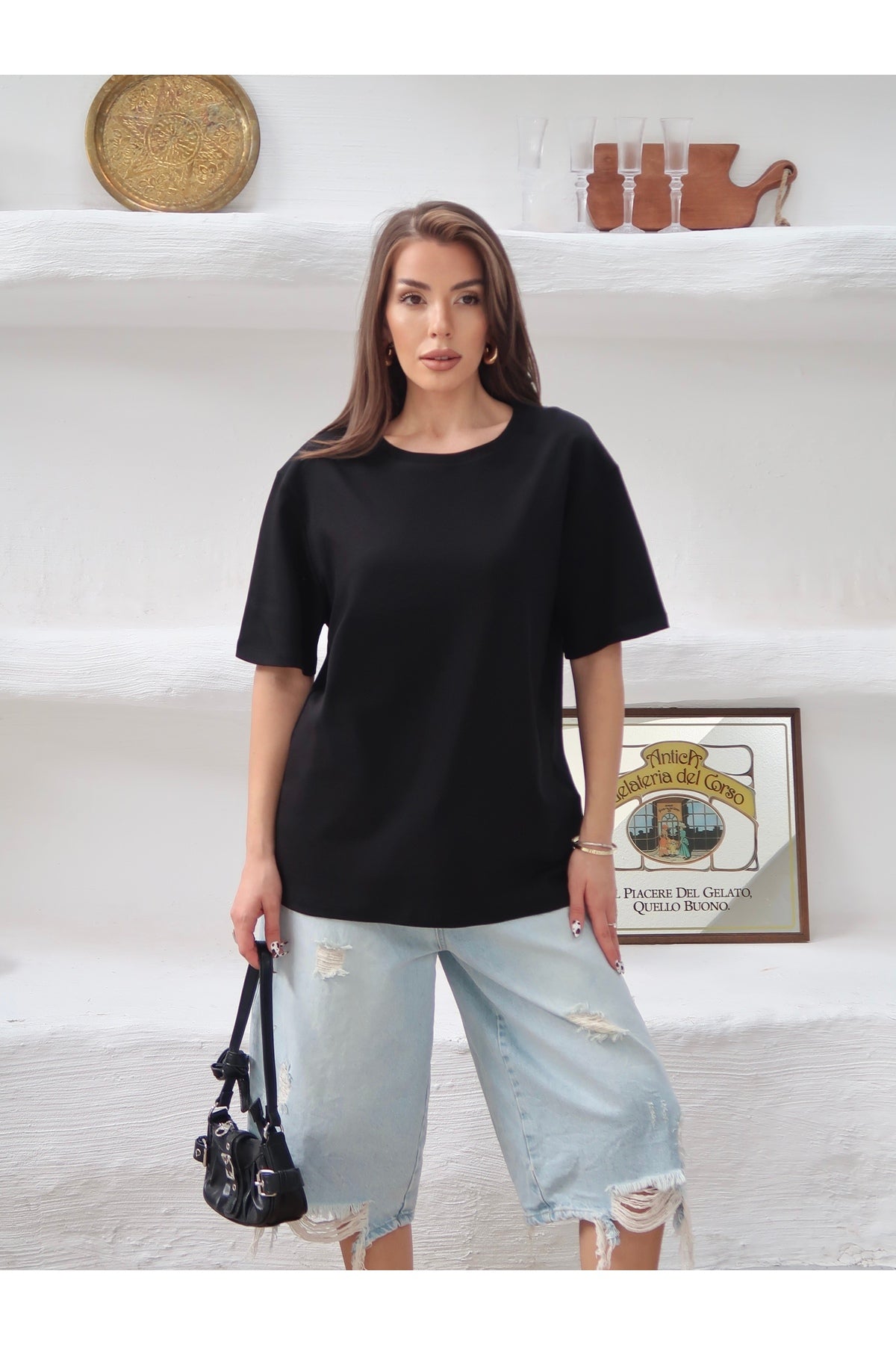 PWGY298 - Kadın Mia İnterlok Kumaş Bisiklet Yaka Oversize T-Shirt - Siyah
