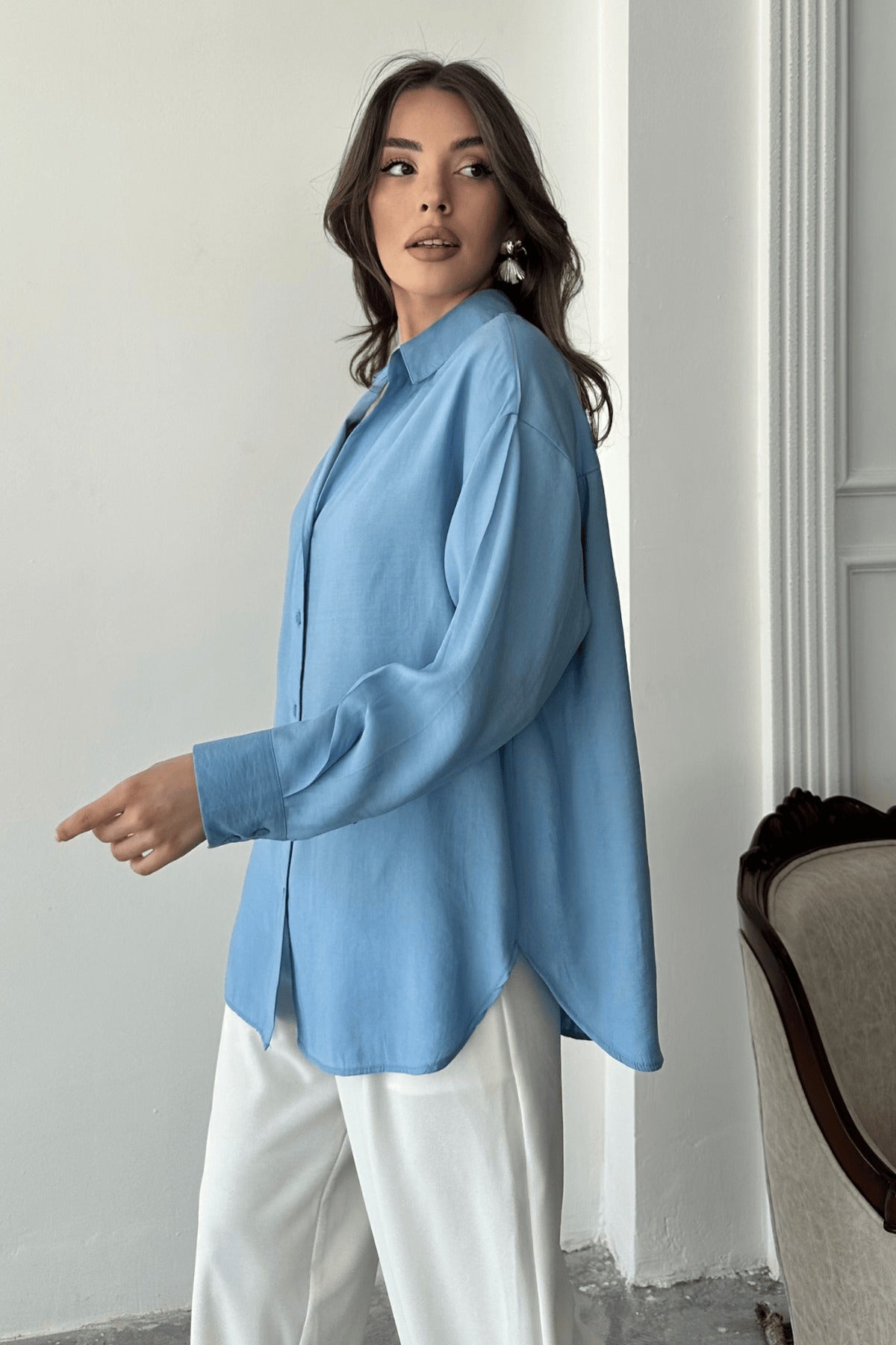 PWG1504250126 - Kadın Freya Modal Kumaş Oversize Gömlek - Mavi