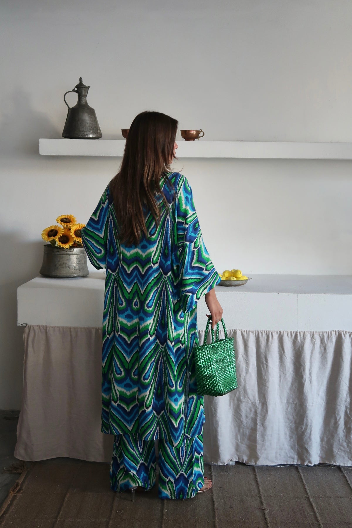 PWG1006251441 - Kadın Desenli Kimono Pantolonlu Yazlık Takım - Mavi