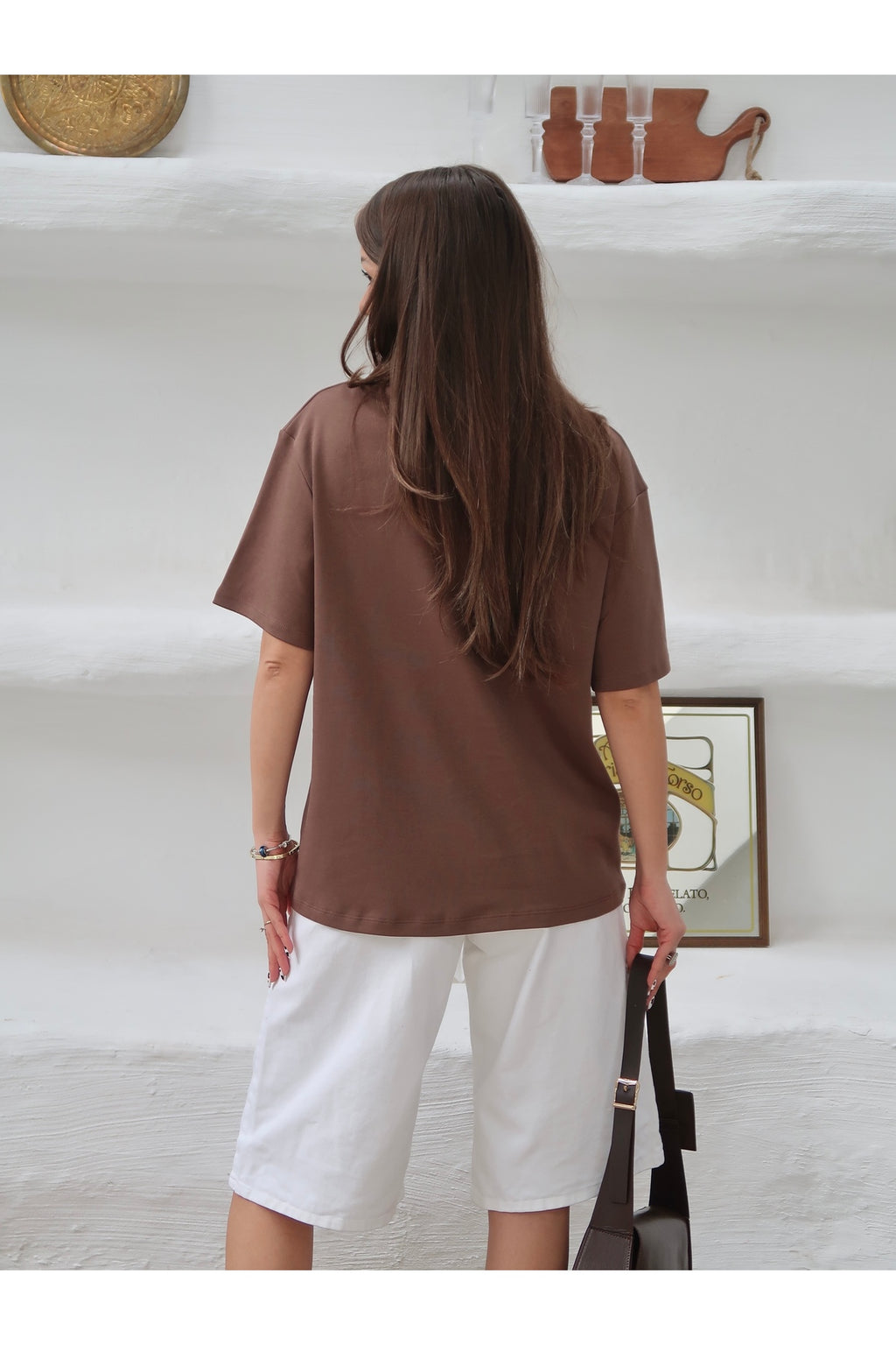 PWGY298 - Kadın Mia İnterlok Kumaş Bisiklet Yaka Oversize T-Shirt - Kahverengi