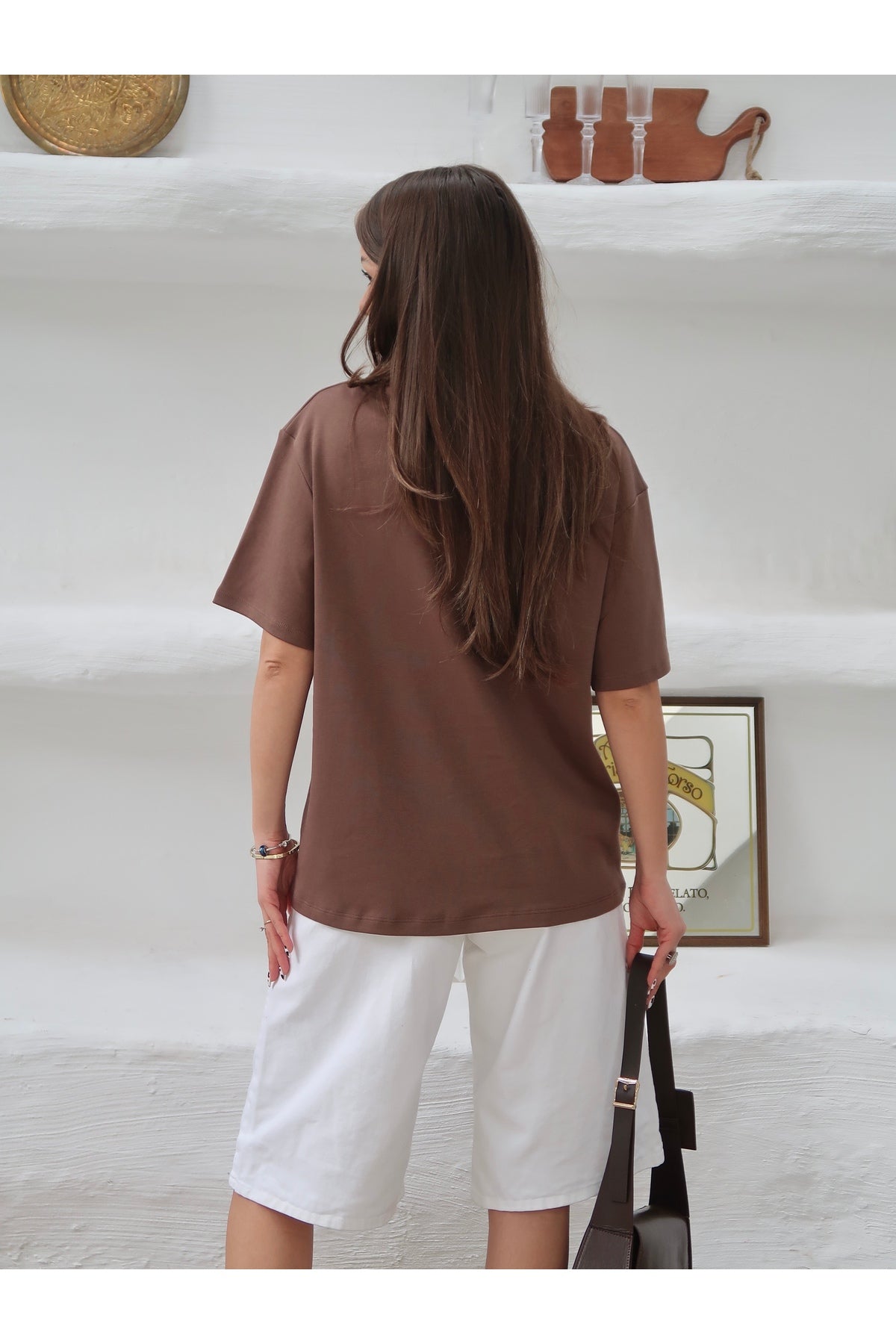 PWGY298 - Kadın Mia İnterlok Kumaş Bisiklet Yaka Oversize T-Shirt - Kahverengi