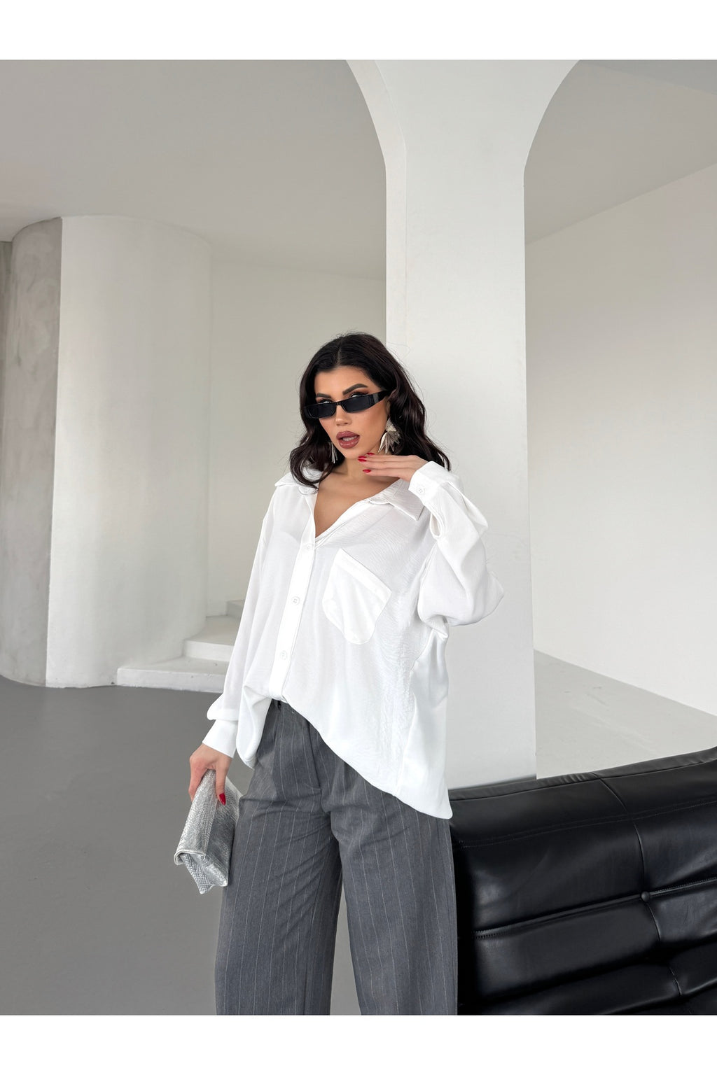 PWG3101251407 - Kadın Perla Beyaz Tek Cepli Oversize Gömlek, Geniş Kalıp Gömlek, Ayrobin Gömlek