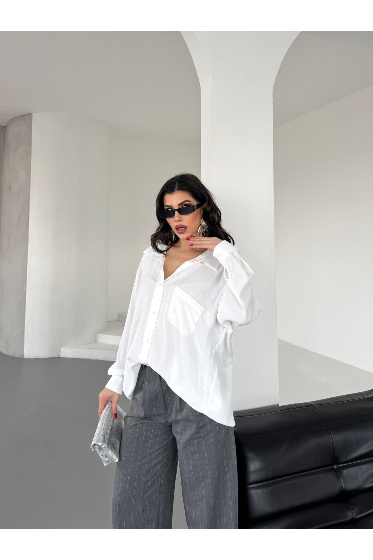 PWG3101251407 - Kadın Perla Beyaz Tek Cepli Oversize Gömlek, Geniş Kalıp Gömlek, Ayrobin Gömlek