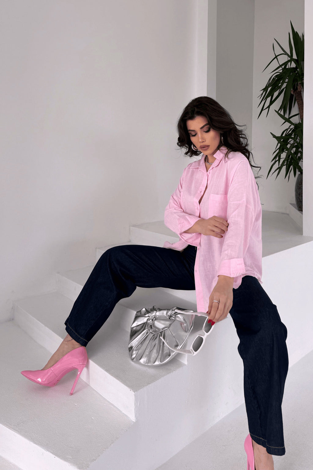 PWG1504250420 - Kadın Harper Çift Cepli Oversize Keten Gömlek, 2025 Summer Collection - Pembe