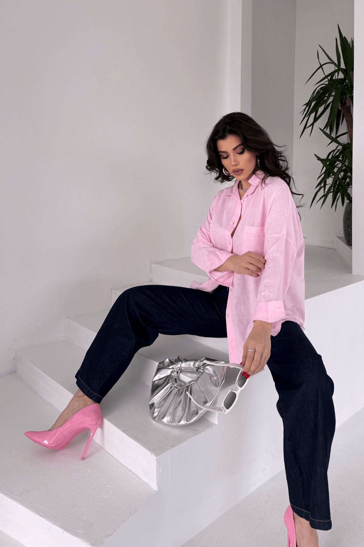 PWG1504250420 - Kadın Harper Çift Cepli Oversize Keten Gömlek, 2025 Summer Collection - Pembe