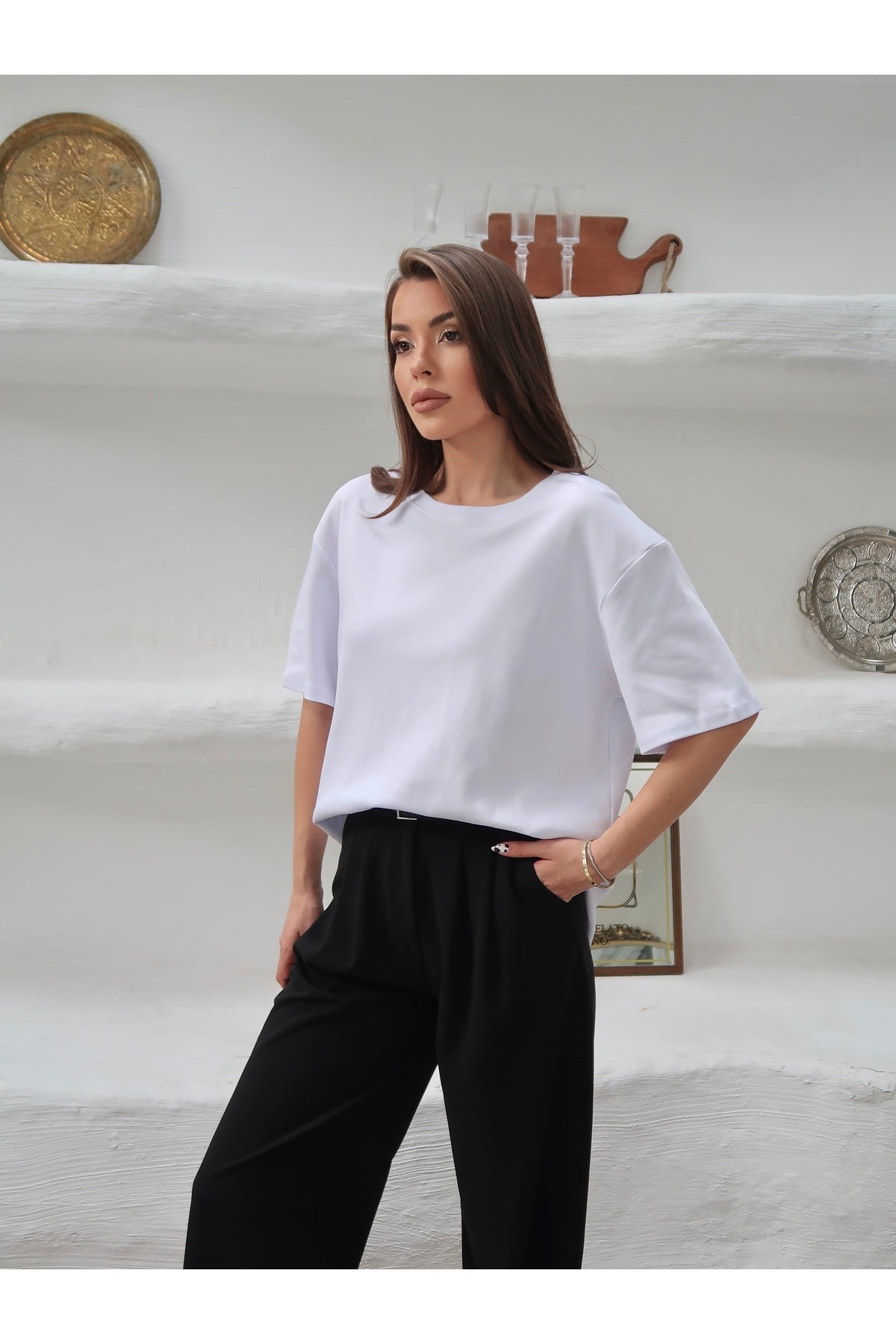 PWGY298 - Kadın Mia İnterlok Kumaş Bisiklet Yaka Oversize T-Shirt - Beyaz