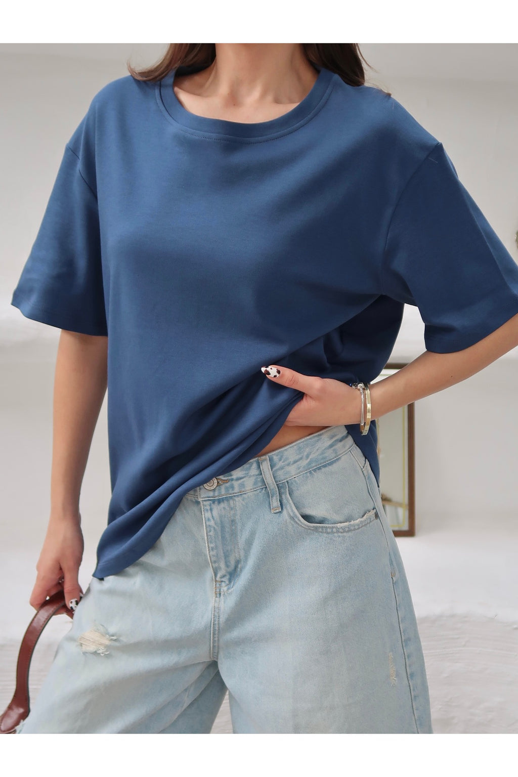 PWGY298 - Kadın Mia İnterlok Kumaş Bisiklet Yaka Oversize T-Shirt - Mavi