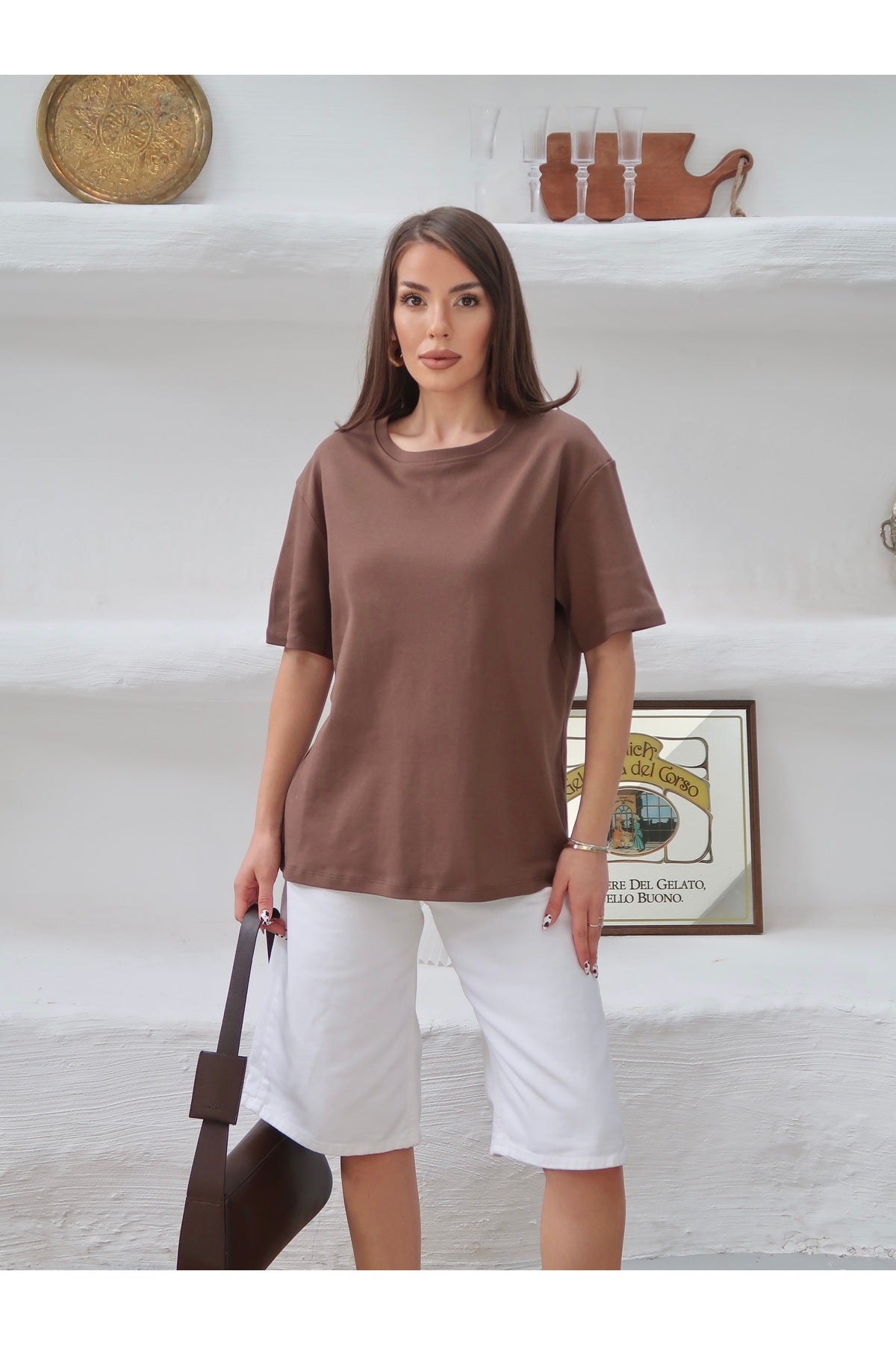 PWGY298 - Kadın Mia İnterlok Kumaş Bisiklet Yaka Oversize T-Shirt - Kahverengi