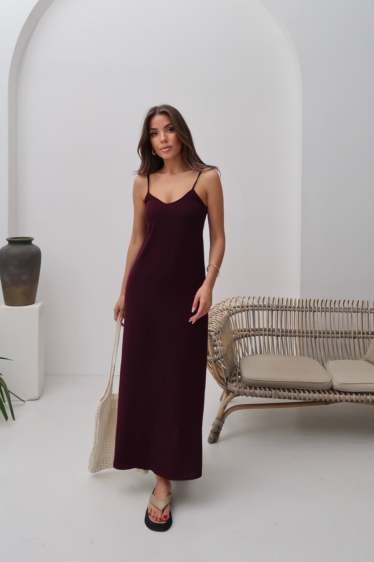 PWG2605251938 - Kadın Hazel Bordo İp Askılı Ayrobin Maxi Yazlık Elbise