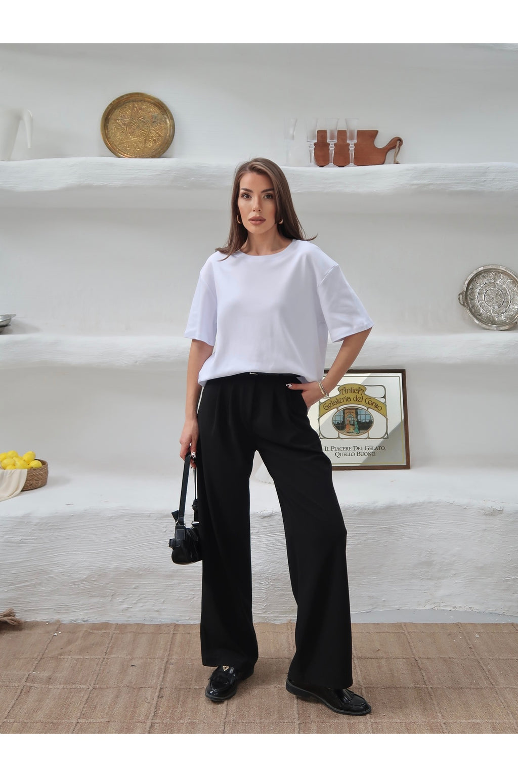 PWGY298 - Kadın Mia İnterlok Kumaş Bisiklet Yaka Oversize T-Shirt - Beyaz