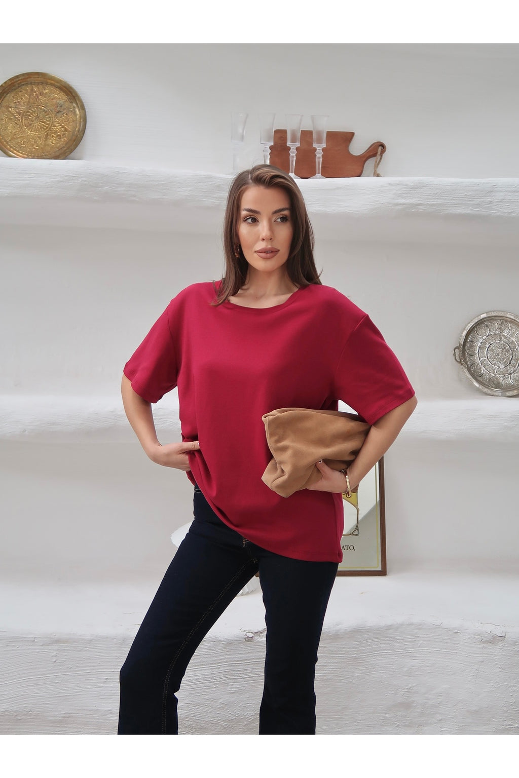 PWGY298 - Kadın Mia İnterlok Kumaş Bisiklet Yaka Oversize T-Shirt - Bordo