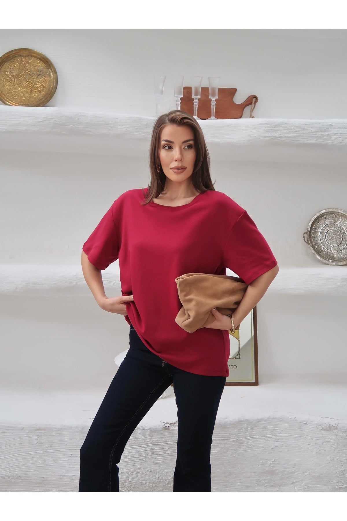 PWGY298 - Kadın Mia İnterlok Kumaş Bisiklet Yaka Oversize T-Shirt - Bordo