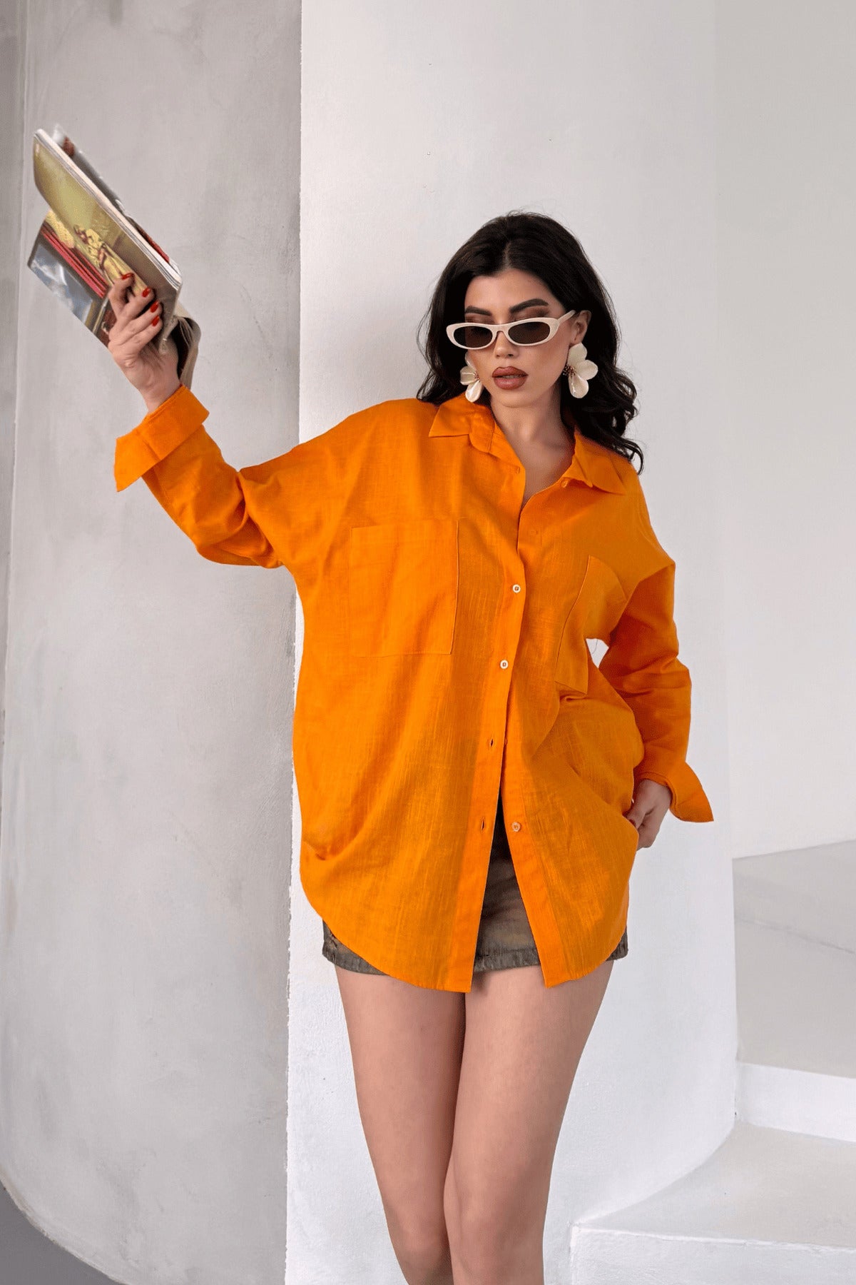 PWG1504250420 - Kadın Harper Çift Cepli Oversize Keten Gömlek, 2025 Summer Collection - Turuncu
