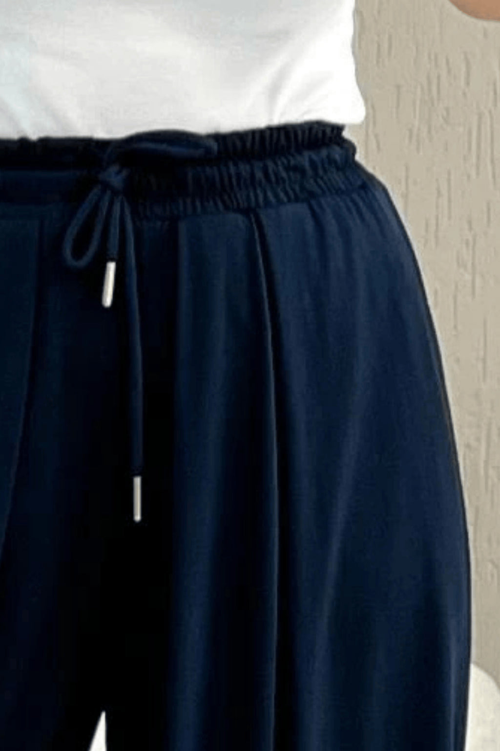 PWG1004250252 - Kadın Rosa Bel ve Paça Lastikli Şalvar Pantolon, Premium Kalite Kumaş - Lacivert