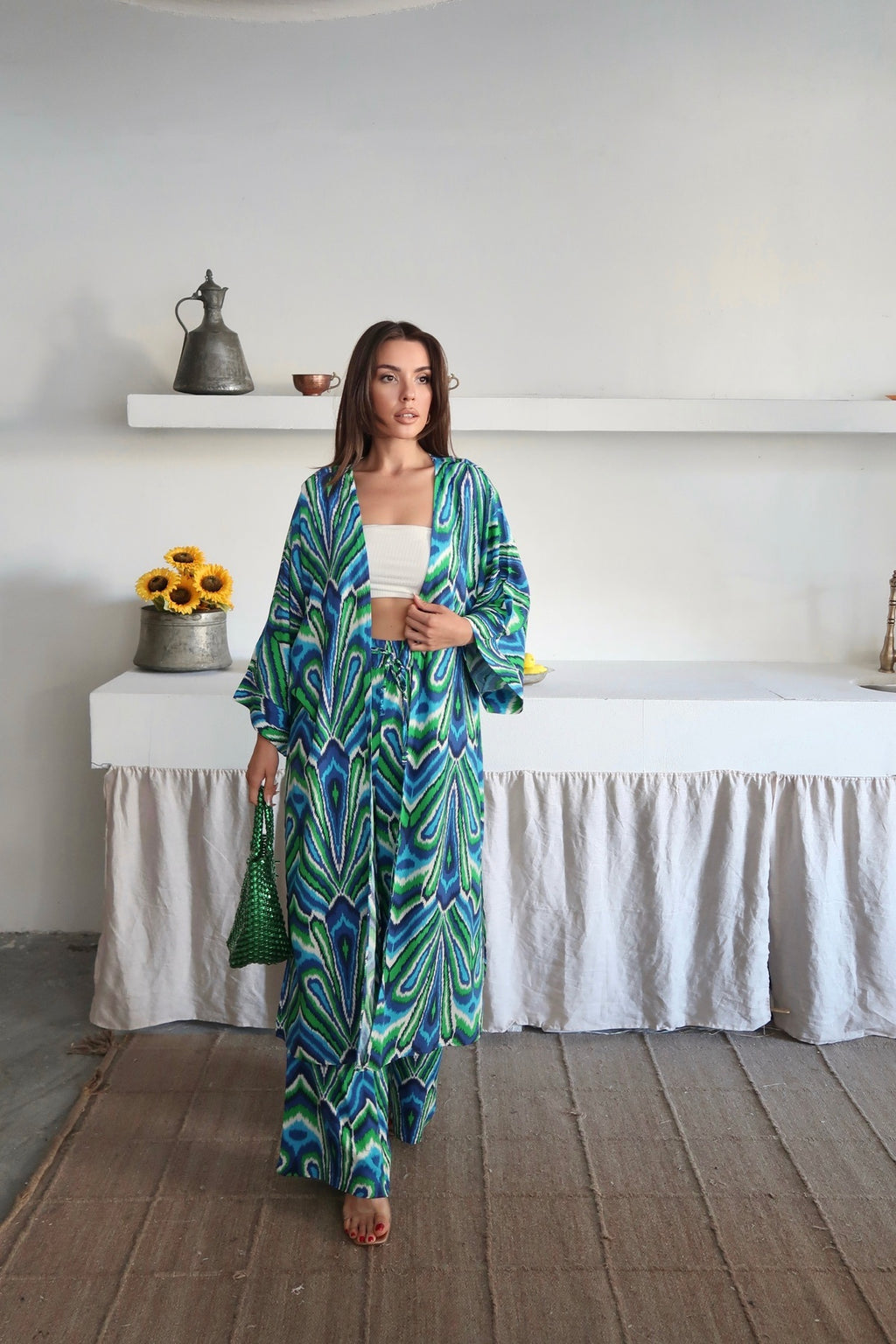 PWG1006251441 - Kadın Desenli Kimono Pantolonlu Yazlık Takım - Mavi