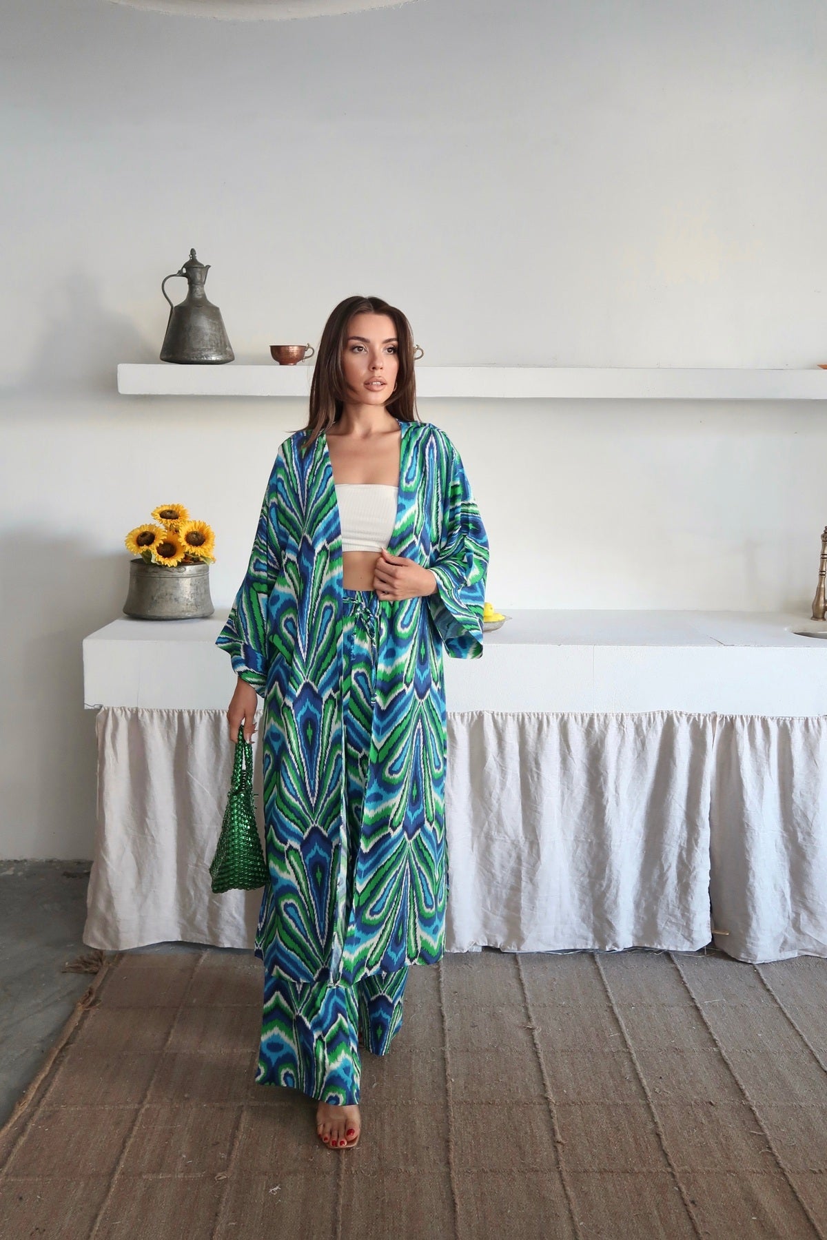 PWG1006251441 - Kadın Desenli Kimono Pantolonlu Yazlık Takım - Mavi