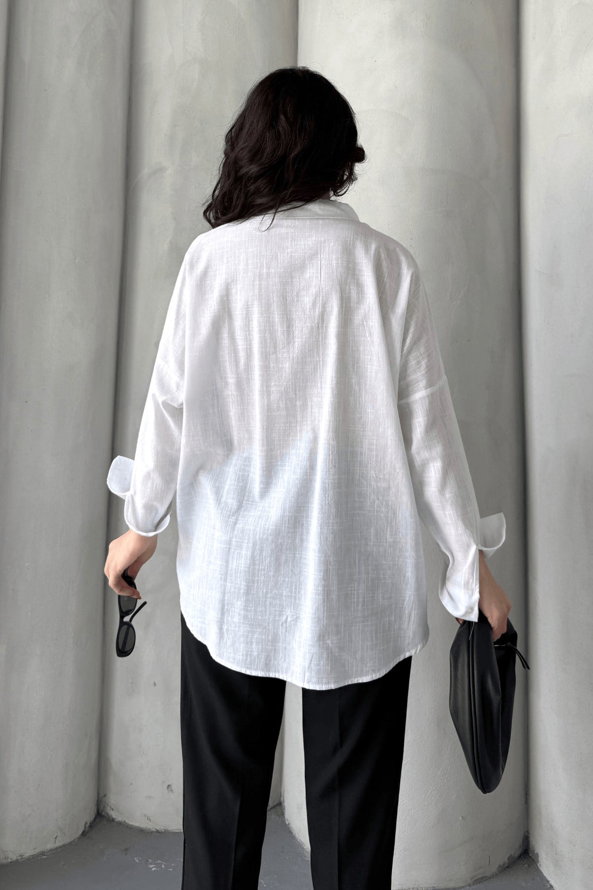 PWG1504250420 - Kadın Harper Çift Cepli Oversize Keten Gömlek, 2025 Summer Collection - Beyaz