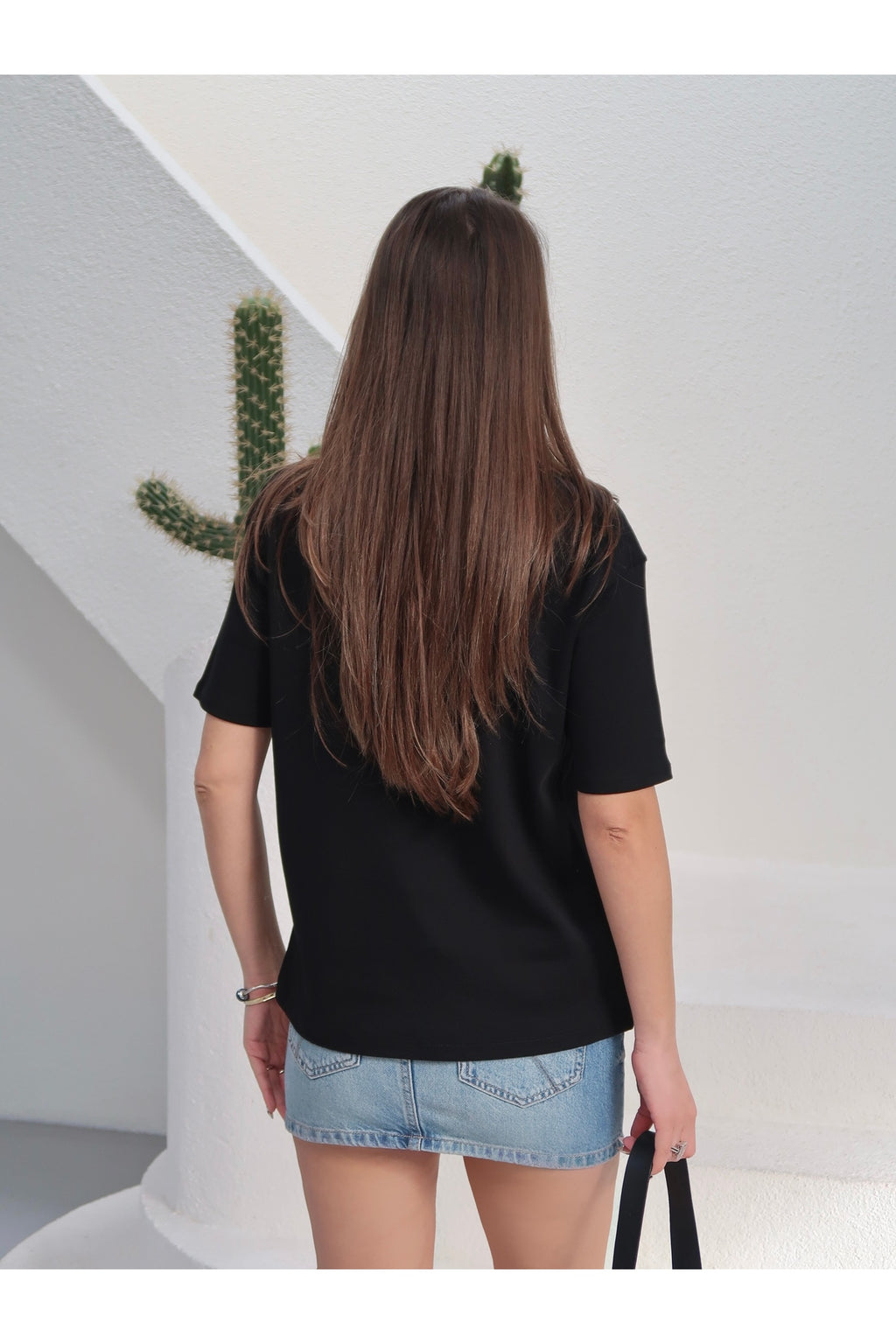 PWGY285 - Kadın Massi İnterlok Kumaş V Yaka Oversize T-Shirt - Siyah