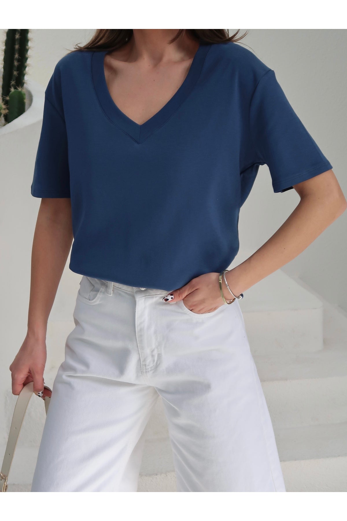 PWGY285 - Kadın Massi İnterlok Kumaş V Yaka Oversize T-Shirt - Mavi