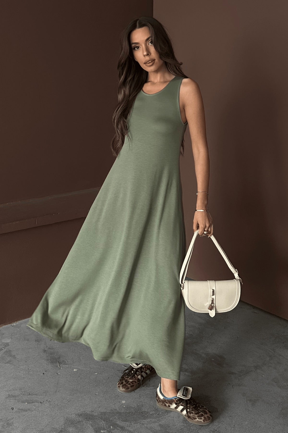 PWG1504251825 - Kadın Eleanor Yeşil Modal Pike Kumaş Maxi Yazlık Elbise - Mint