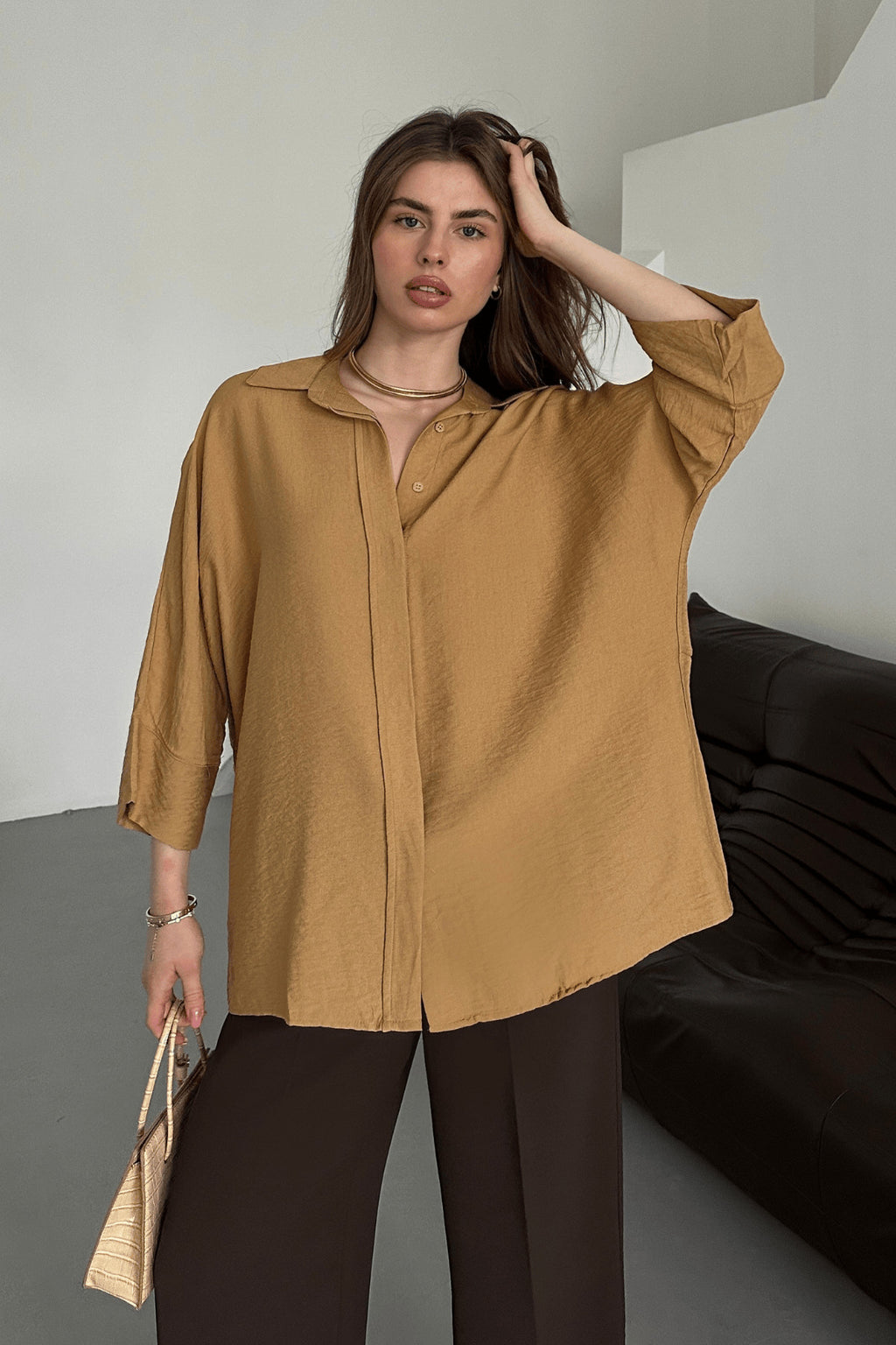 PWG0104251439 - Kadın Evelyn Vizon Oversize Gömlek, Keten Ayrobin Ön Patlı Gömlek