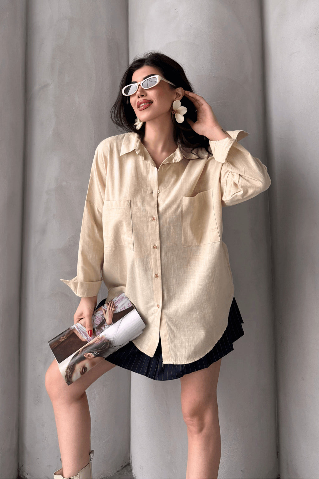 PWG1504250420 - Kadın Harper Çift Cepli Oversize Keten Gömlek, 2025 Summer Collection - Taş