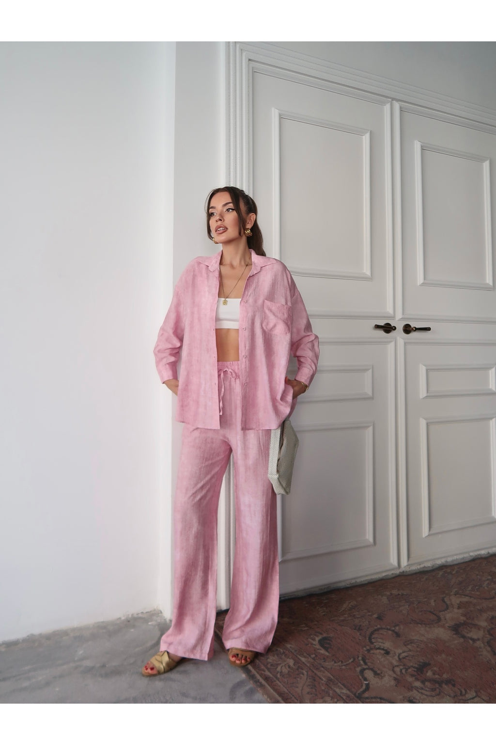 PWG0907251834 - Kadın Raven Dokuma Gömlek - Pantolon Yazlık Takım - Pembe