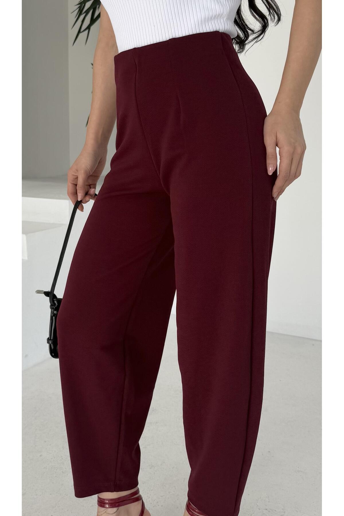 PWG2002252342 - Kadın Bernis Bordo Balon Pantolon, Beli Lastikli Şalvar Model Krep Balon Pantolon Basen Gizleyen