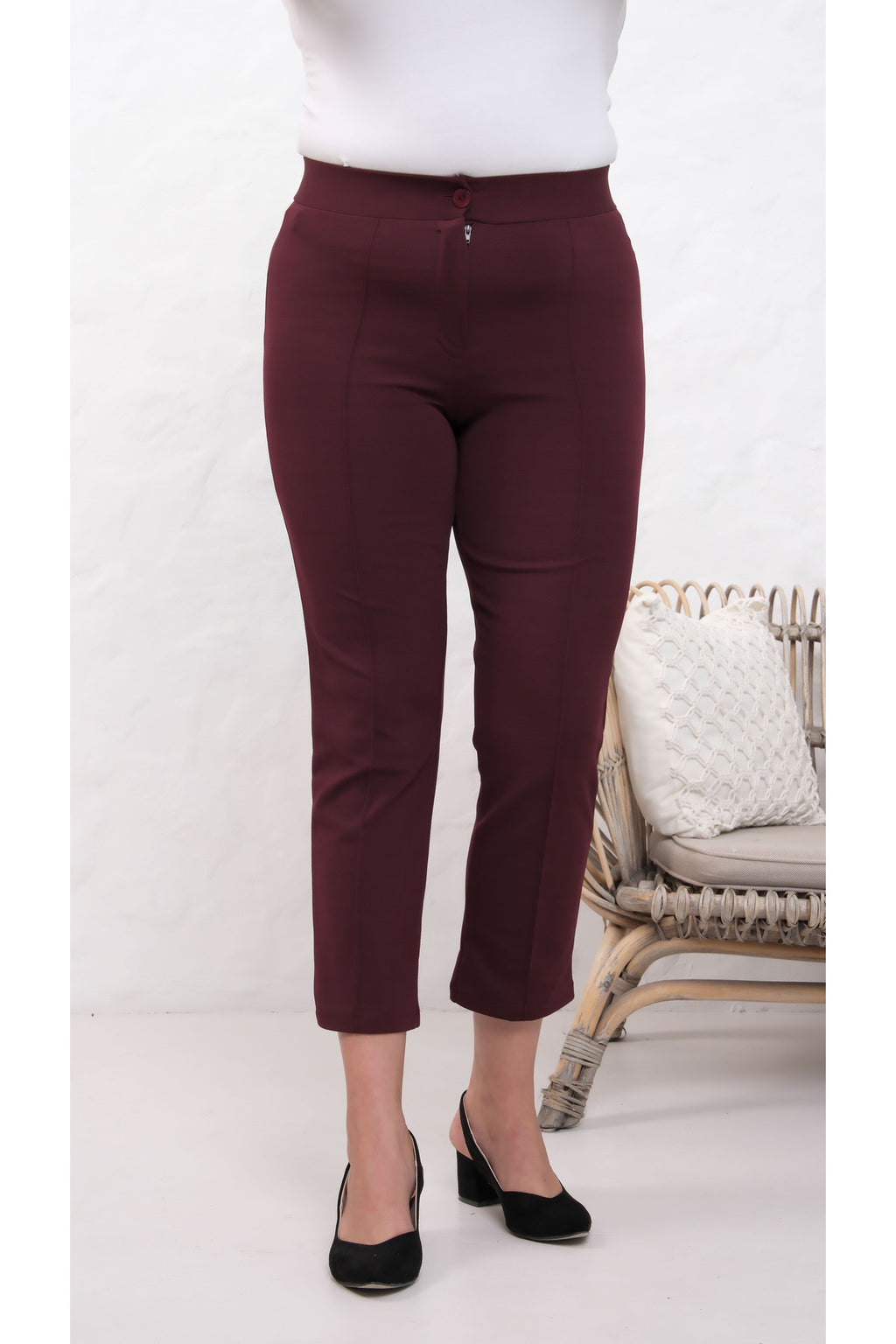 PWG909241317 - Likralı Bordo Büyük Beden Dar Paça Pantolon, 4 Mevsim, Vücudu Toplayan Pantolon