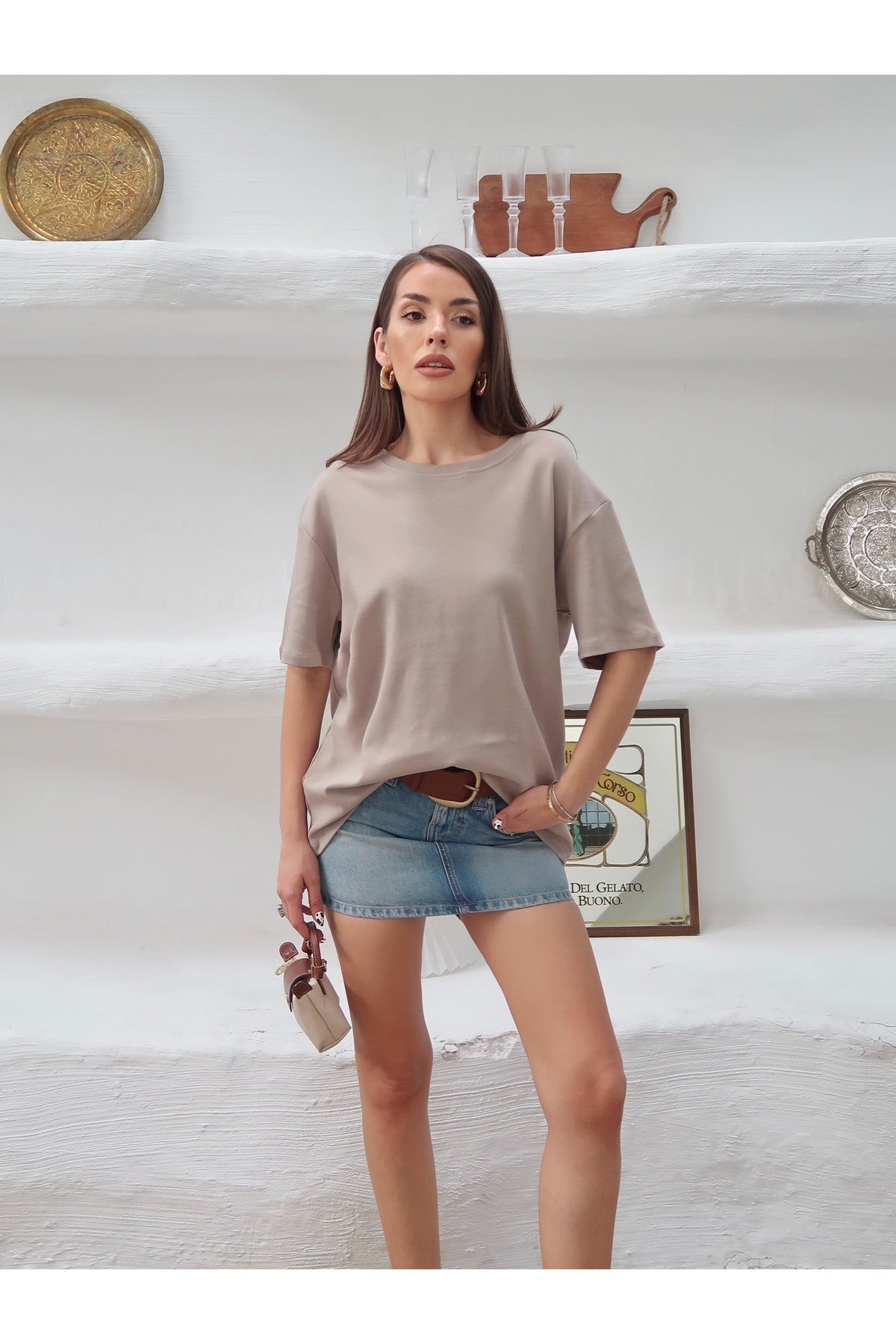 PWGY298 - Kadın Mia İnterlok Kumaş Bisiklet Yaka Oversize T-Shirt - Vizon