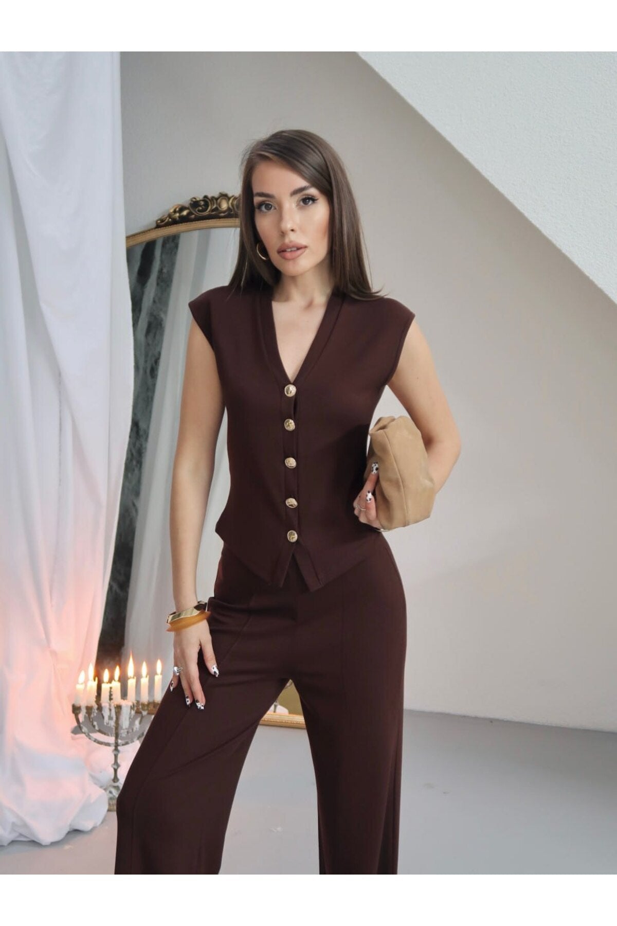 PWGY256 - Kadın Julia Gold Düğme Detaylı Yelekli Palazzo Pantolon Takım - Yazlık Soft Modal Kumaş - Kahverengi