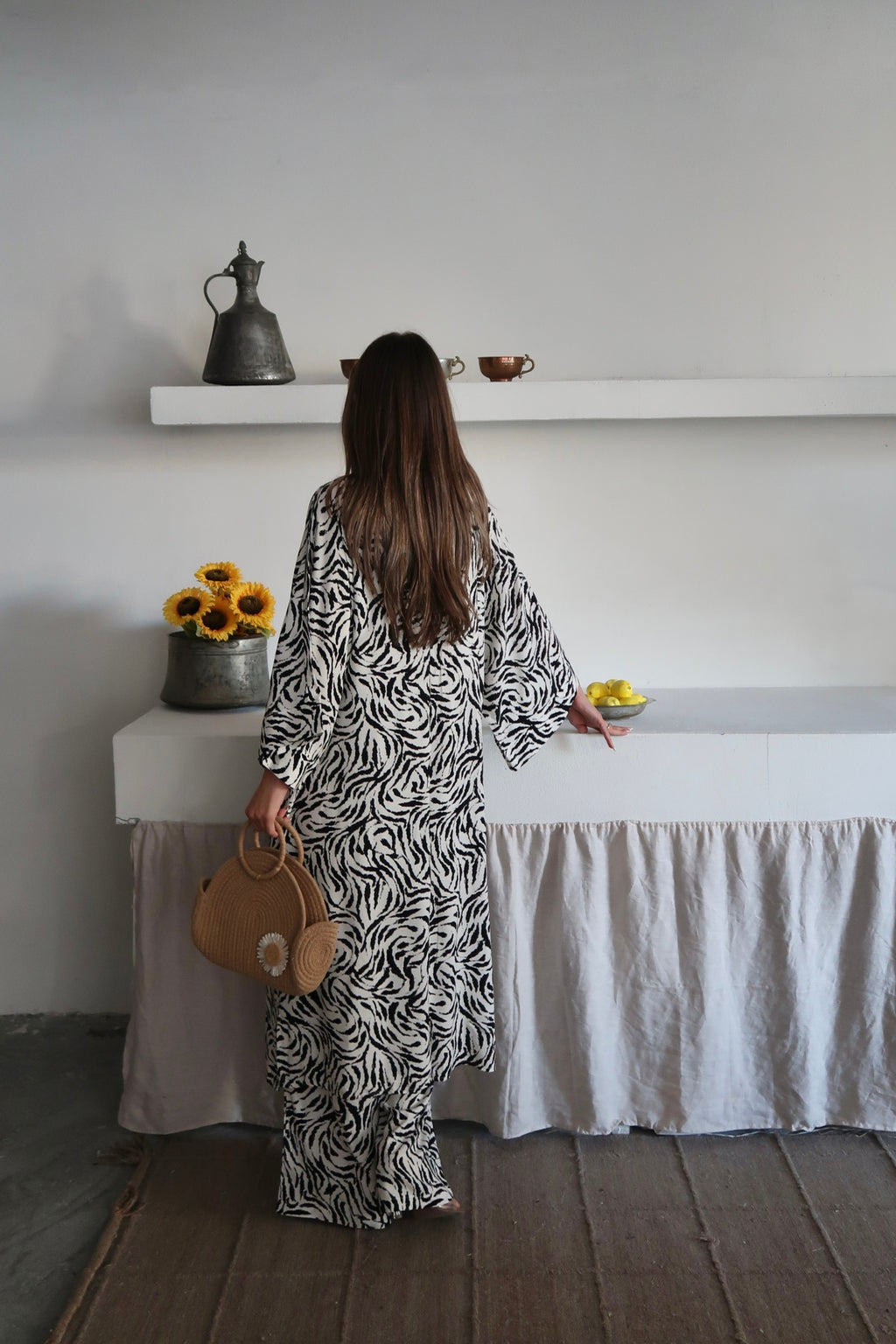 PWG1006251441 - Kadın Desenli Kimono Pantolonlu Yazlık Takım - Beyaz