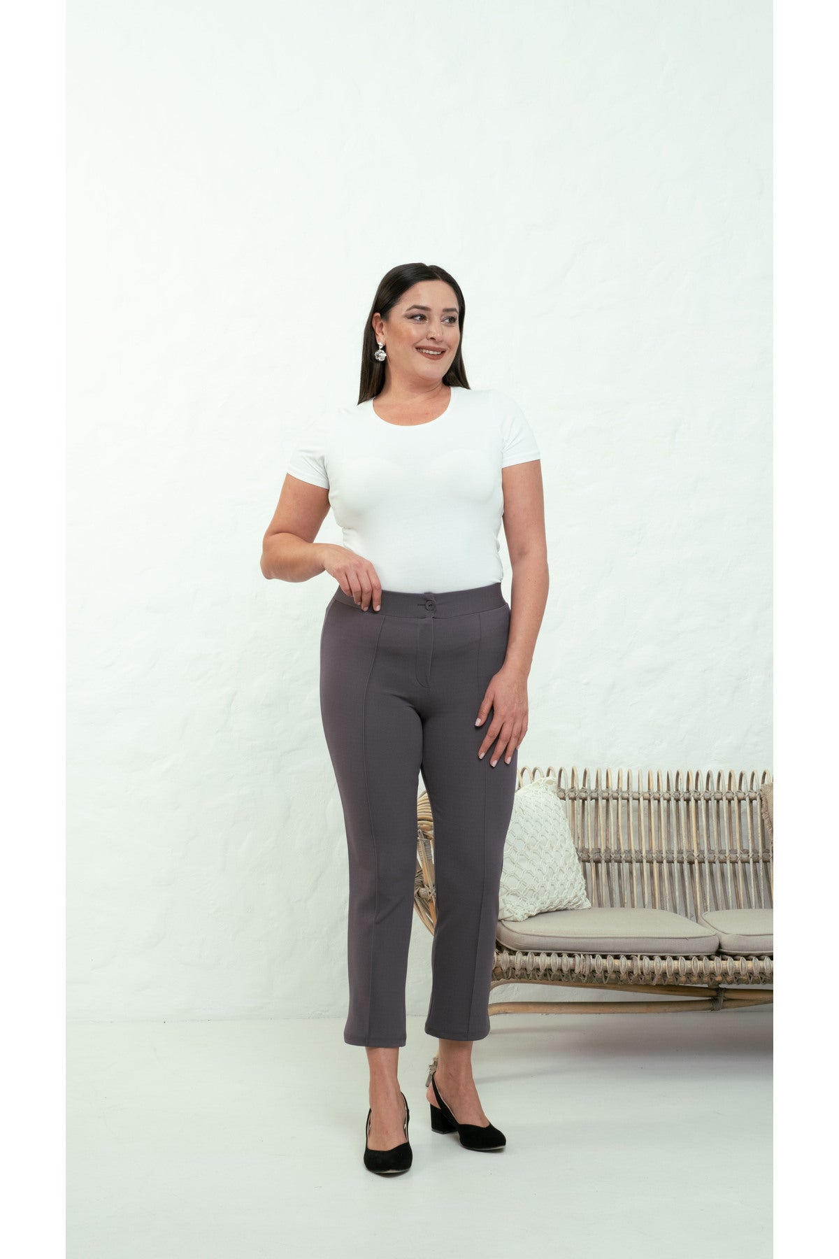 PWG909241317 - Likralı Büyük Beden Dar Paça Pantolon, 4 Mevsim, Vücudu Toplayan Pantolon - Füme