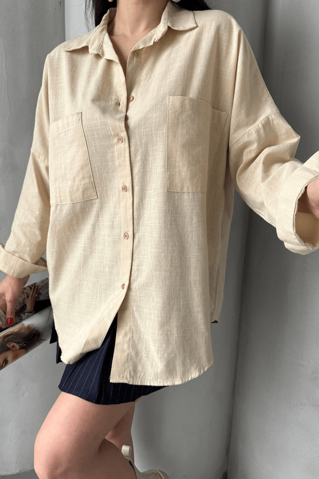 PWG1504250420 - Kadın Harper Çift Cepli Oversize Keten Gömlek, 2025 Summer Collection - Taş